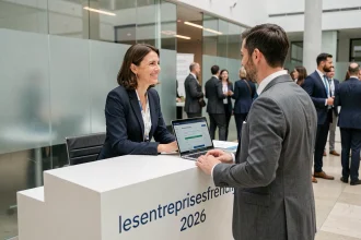 Accueil et inscription des participants à l'événement lesentreprisesfrenchy 2026 dans un hall de conférence moderne