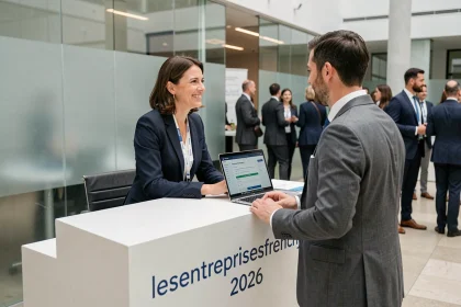 Accueil et inscription des participants à l'événement lesentreprisesfrenchy 2026 dans un hall de conférence moderne