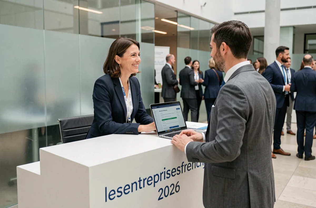 Accueil et inscription des participants à l'événement lesentreprisesfrenchy 2026 dans un hall de conférence moderne