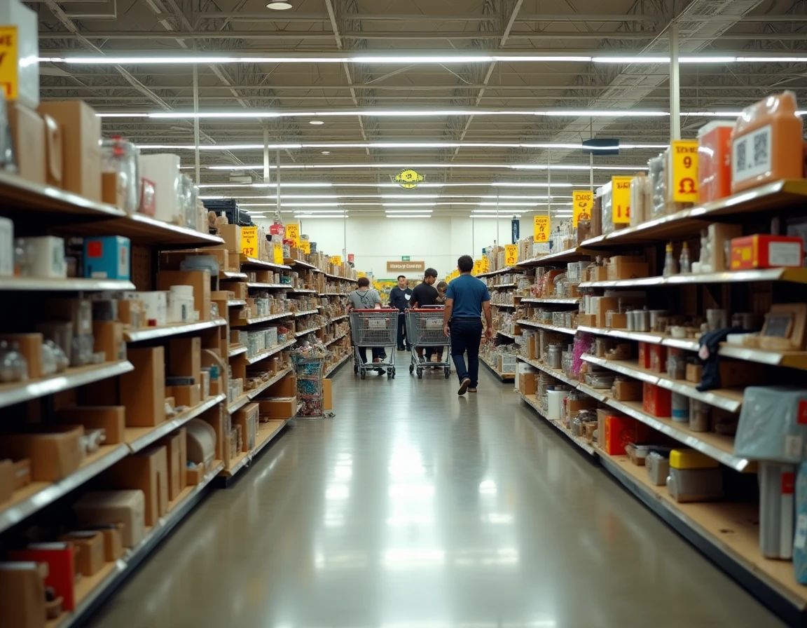 Intérieur d'un magasin GiFi en cours de liquidation avec des rayons partiellement vides