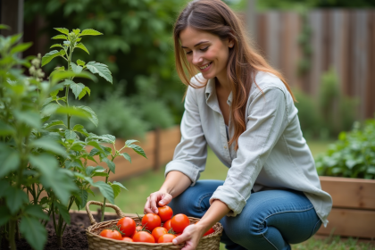 Femme récoltant des tomates dans un jardin bio en extérieur