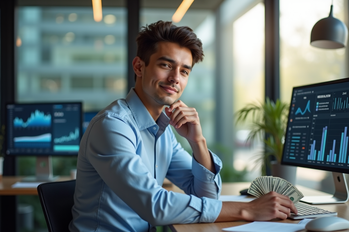Jeune entrepreneur confiant avec analytics et argent