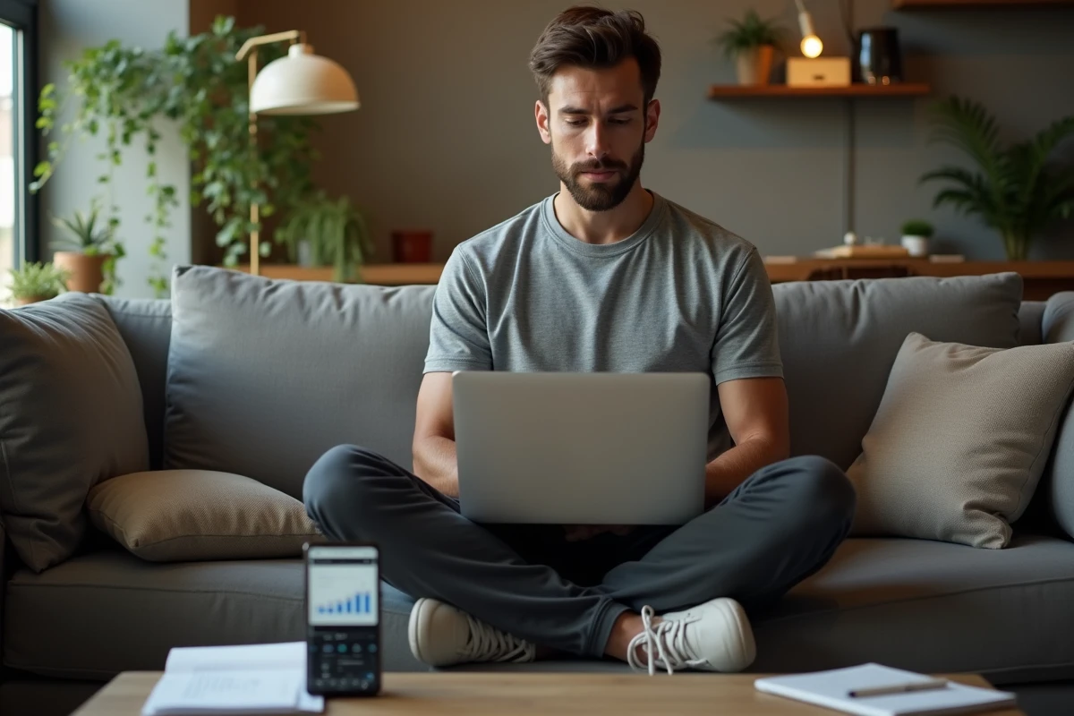 Jeune entrepreneur assis sur un canapé avec laptop et données analytiques, représentant la gestion autonome d'un business scalable