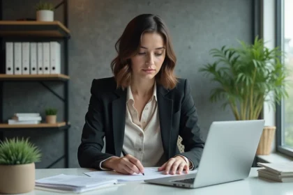 Jeune femme d'affaires au bureau en train de travailler