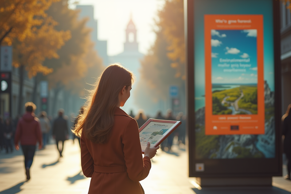 Jeune femme lisant une affiche environnement dans la ville
