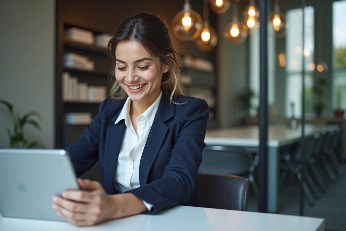 Jeune femme professionnelle utilisant une tablette dans un bureau parisien
