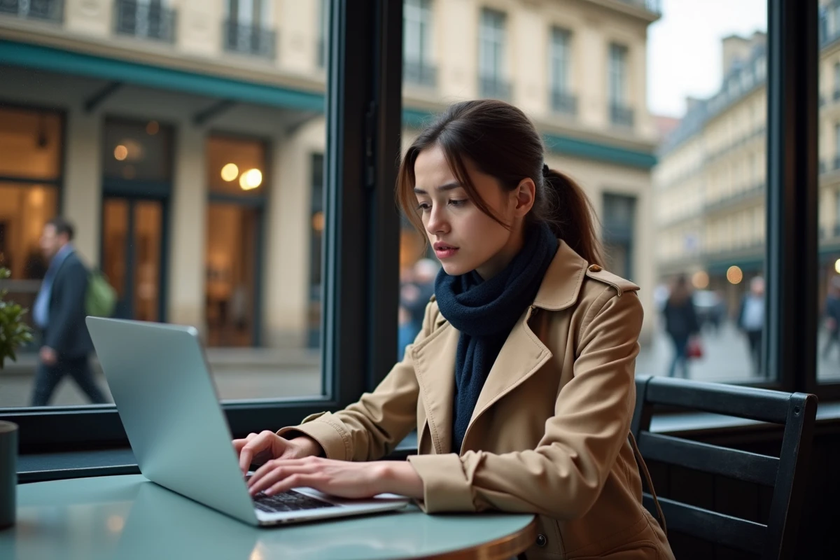 Jeune femme au café avec ordinateur à Paris
