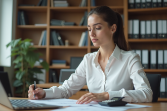 Jeune femme en blanc et pantalon travail dans un bureau moderne