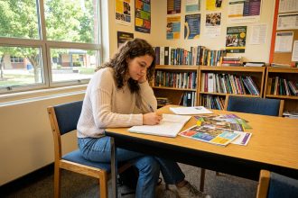 Jeune fille en jeans et sweater dans un bureau scolaire