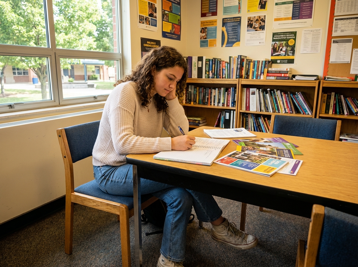 Jeune fille en jeans et sweater dans un bureau scolaire