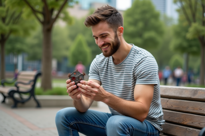 Jeune homme souriant avec objet artisanal en métal dans un parc urbain