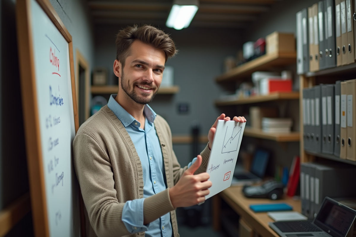 Jeune homme dans un atelier avec tableau blanc
