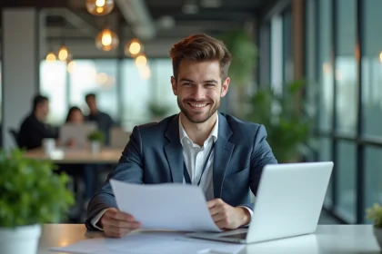 Jeune homme en tenue smart casual au bureau avec badge