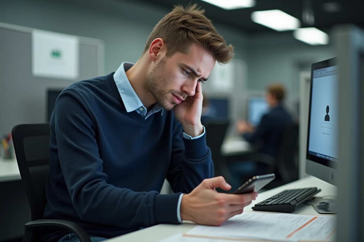 Jeune homme au bureau utilisant son smartphone avec frustration