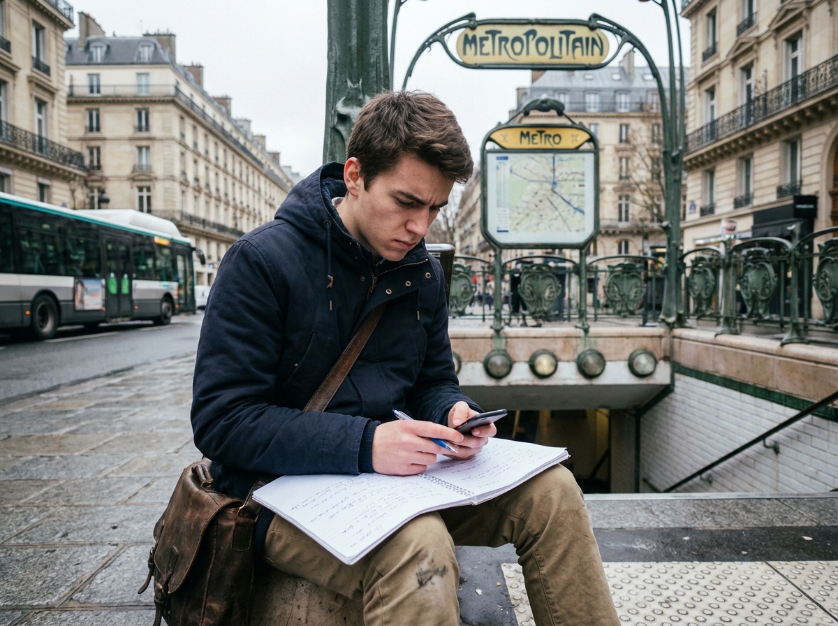 Jeune homme pensif assis devant une station de métro parisienne