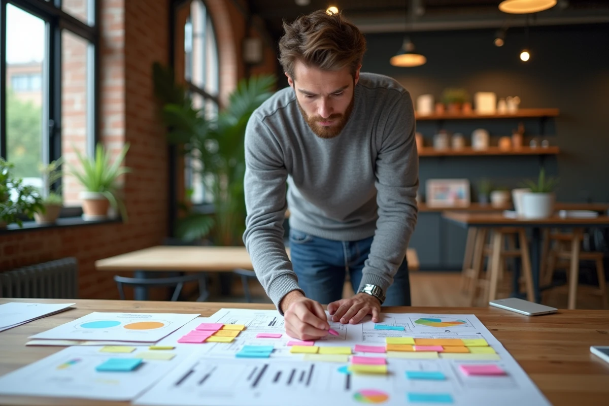 Jeune homme arrangeant des notes colorées sur une table de coworking