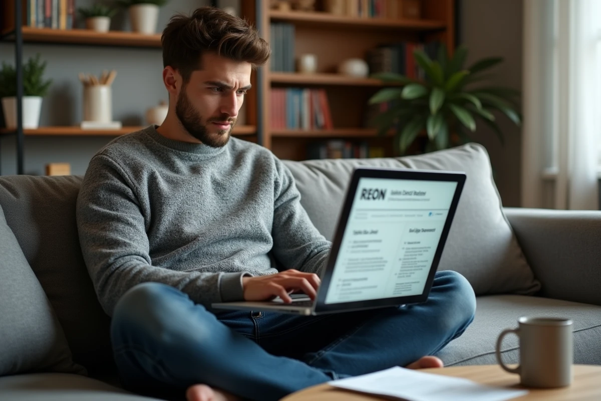 Jeune homme recherchant des offres d'emploi avec des codes ROME sur un ordinateur portable depuis chez lui, d&eacute;couvrant le syst&egrave;me de classification des m&eacute;tiers