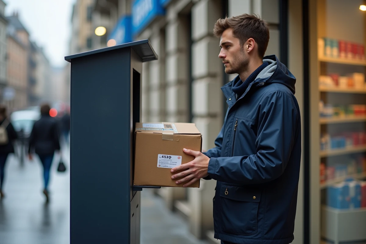 Jeune homme en veste marine scanne un colis devant une pharmacie urbaine