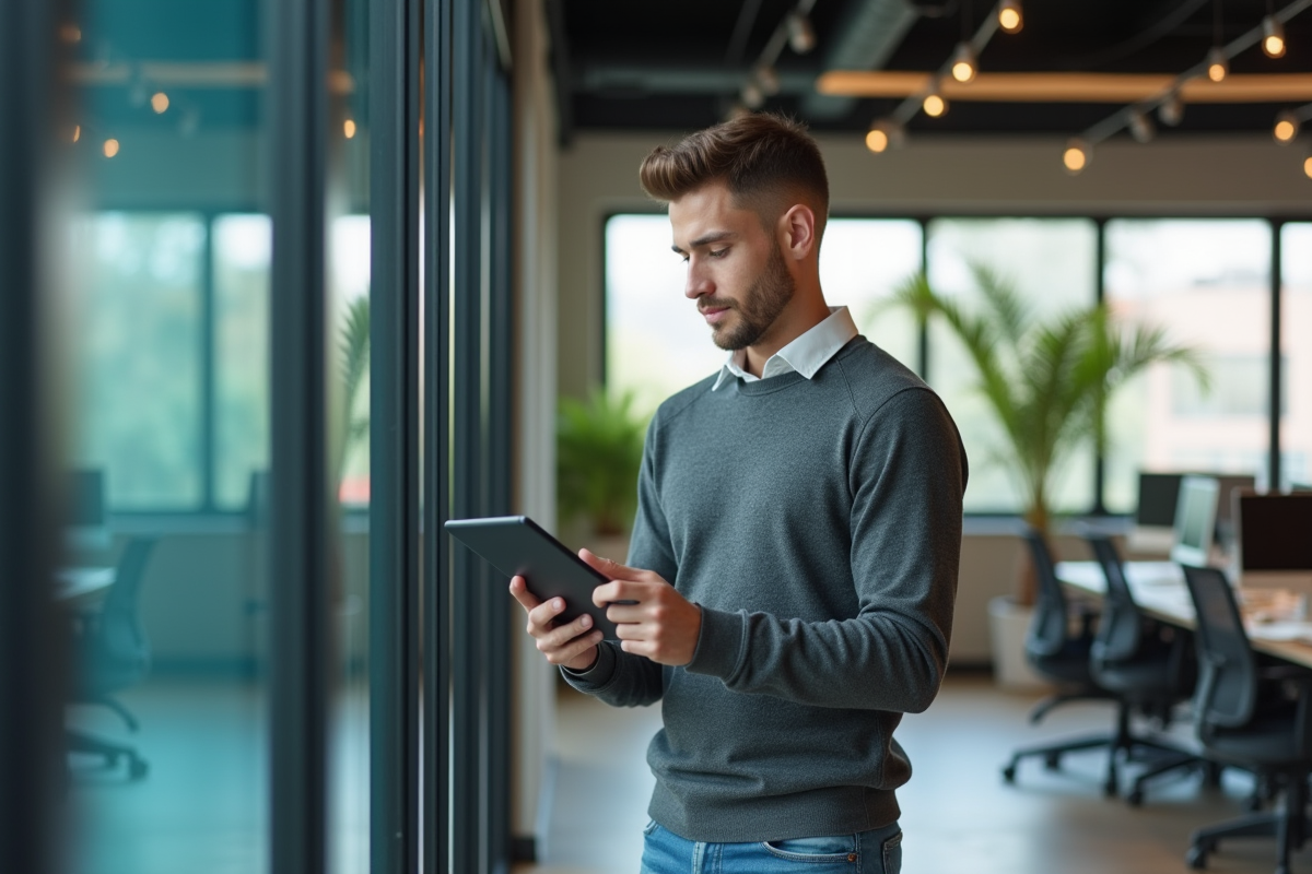 Jeune homme utilisant une tablette dans un espace de coworking moderne