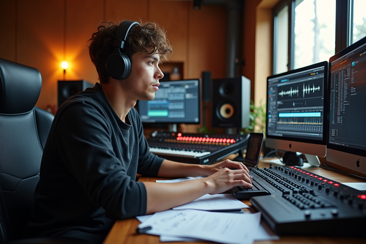 Jeune producteur en studio de musique moderne avec équipements audio