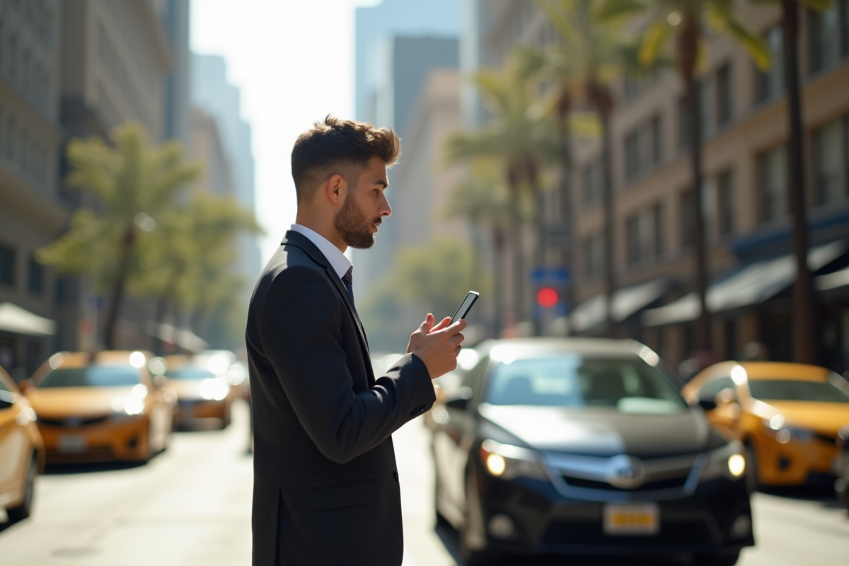 Jeune professionnel utilisant son smartphone pour réserver un Uber dans la ville