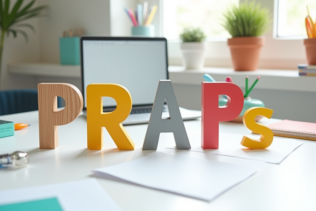 Lettres 3D P en matériaux variés sur un bureau blanc