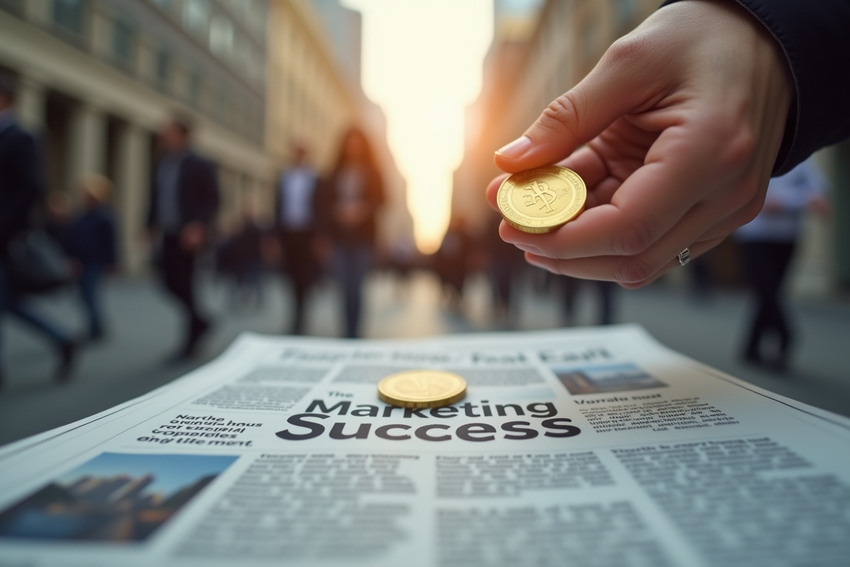 Main lançant une pièce d or sur journal marketing