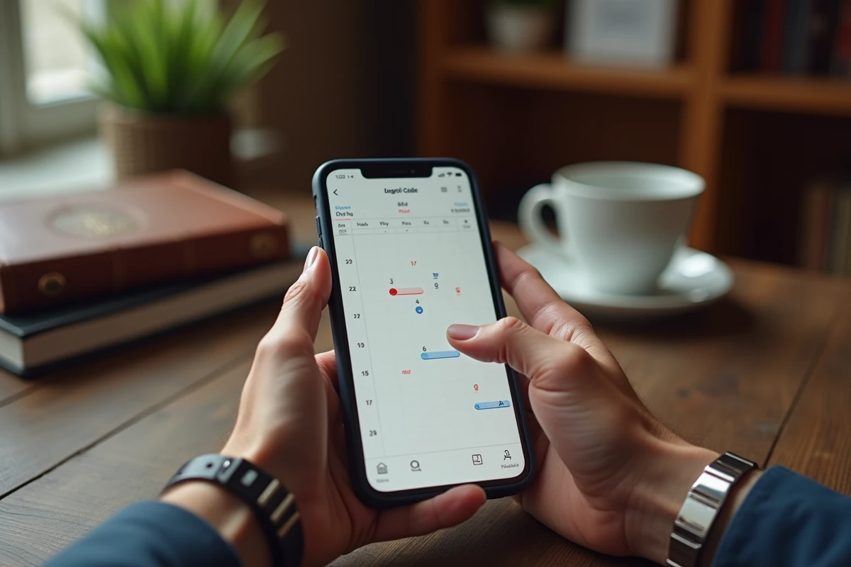 Mains tenant un smartphone affichant un calendrier numérique pour distinguer les jours ouvrés des jours ouvrables