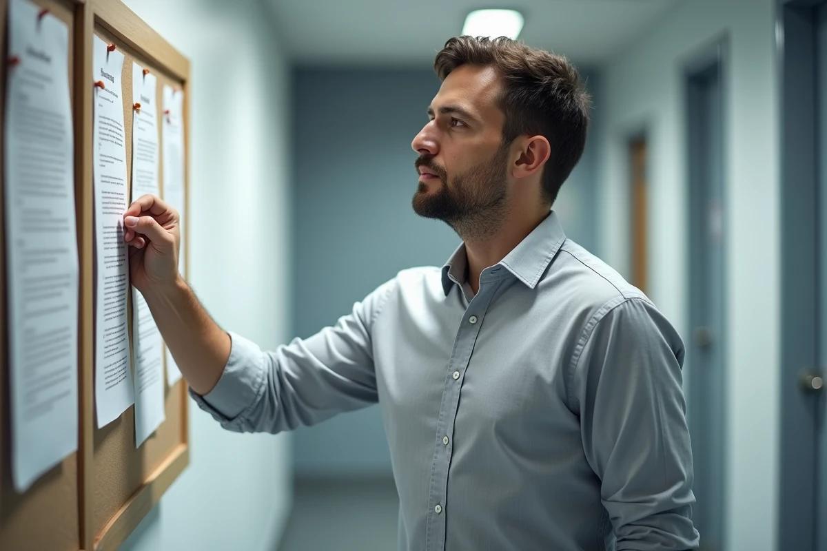 Manager affichant une note de service officielle sur le tableau d'affichage de l'entreprise