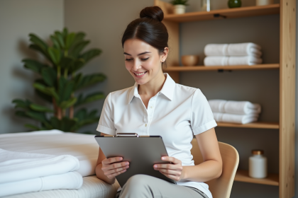 Femme masseuse en spa v&eacute;rifiant notes sur un clipbord