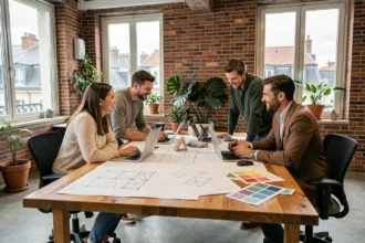 Équipe d'une agence web en Gironde collaborant autour d'un bureau avec des maquettes de sites internet