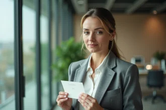 Femme tenant une carte de condoléances manuscrite dans un bureau moderne, expression empathique et bienveillante