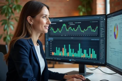 Femme professionnelle analysant des tableaux de bord de monétisation d'audience sur des écrans d'ordinateur dans un bureau moderne