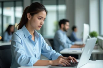 Nouvelle collaboratrice Inetum consultant l'intranet de l'entreprise sur son ordinateur portable lors de son premier jour au bureau