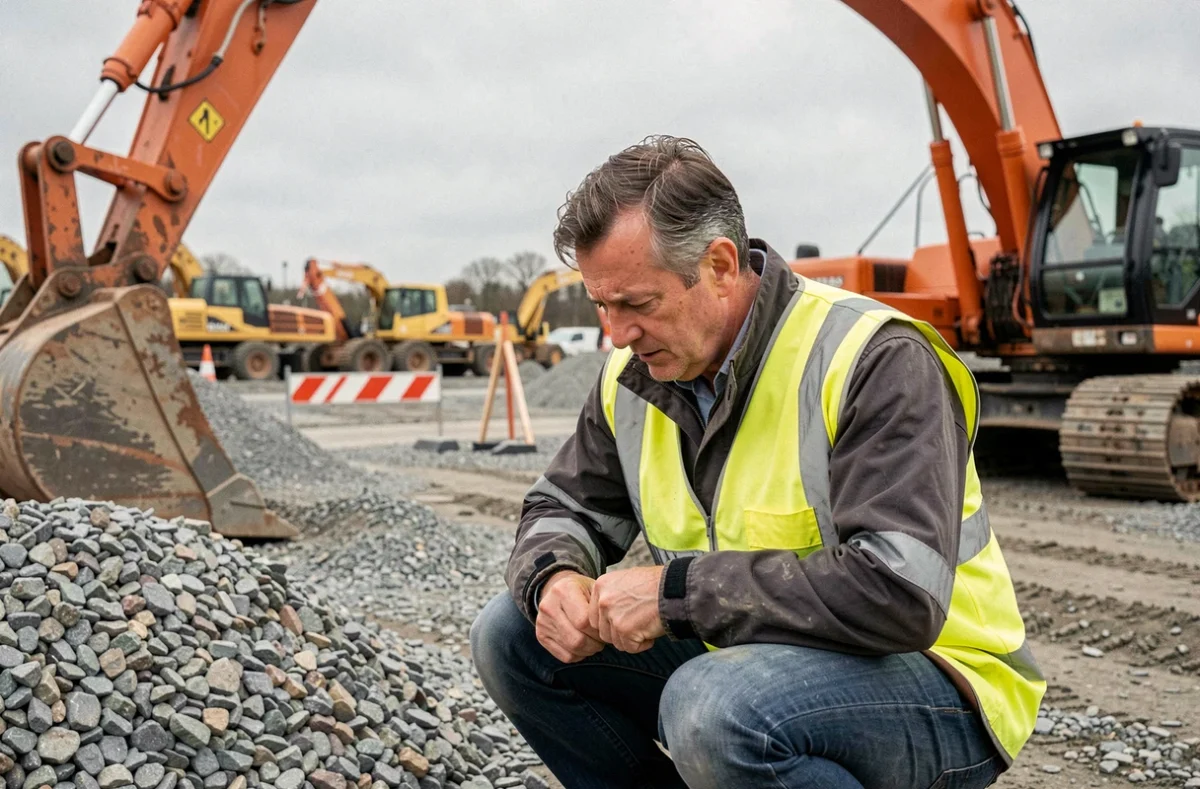 Ouvrier en gilet jaune cherchant sa carte de client Loxam dans ses poches sur un chantier de construction