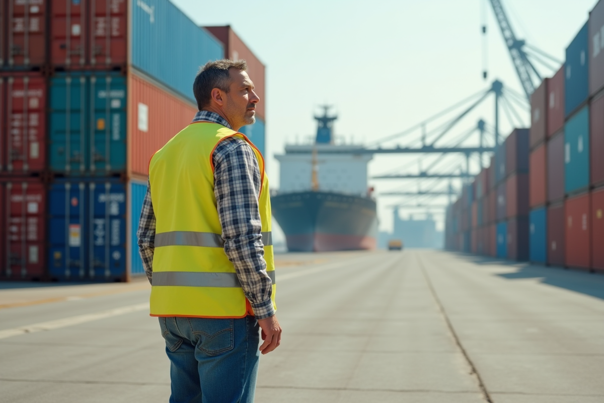 Homme portuaire en gilet haute-visibilite sur port industriel