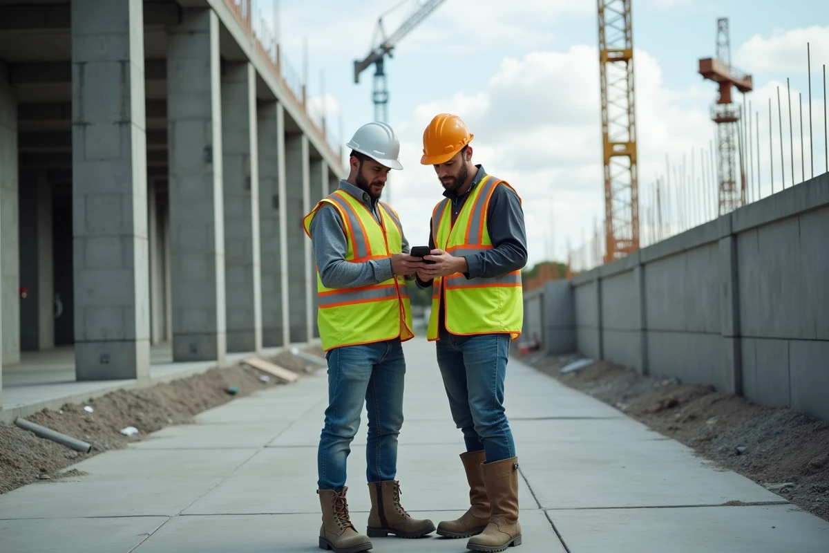 Deux ouvriers BTP consultant une application de suivi de chantier sur smartphone au milieu d'un chantier de construction
