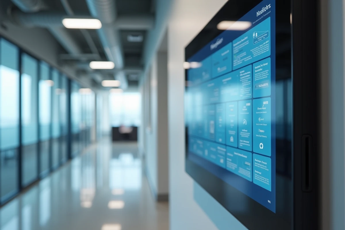 Panneau tactile mural d'un système de supervision unifié affichant les zones CVC, les horaires d'éclairage et les journaux de contrôle d'accès dans un couloir de bâtiment commercial