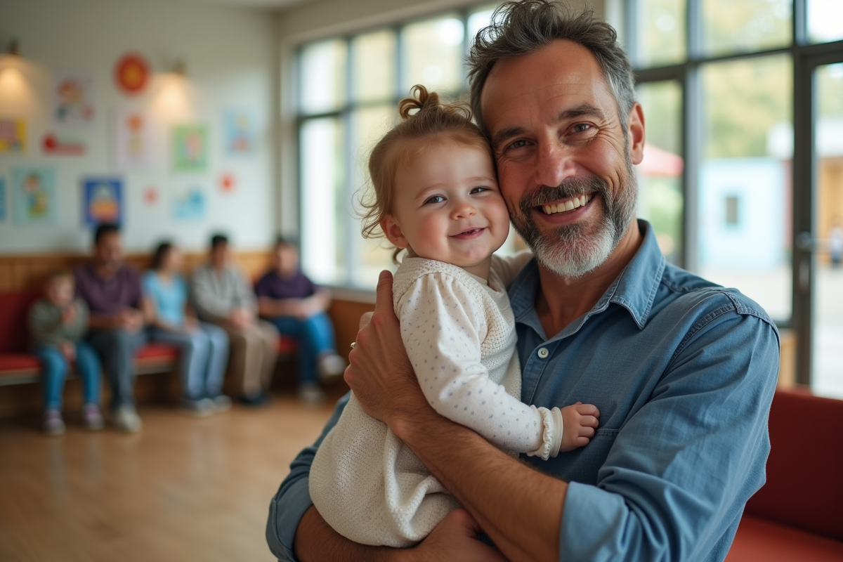 Père rassurant avec sa fille dans un centre de santé communautaire