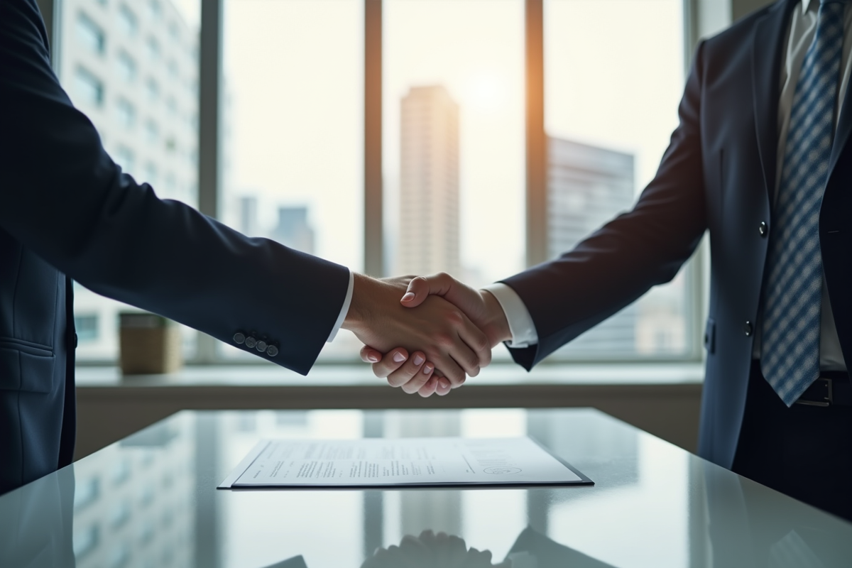 Deux professionnels serrant la main sur un contrat dans un bureau moderne