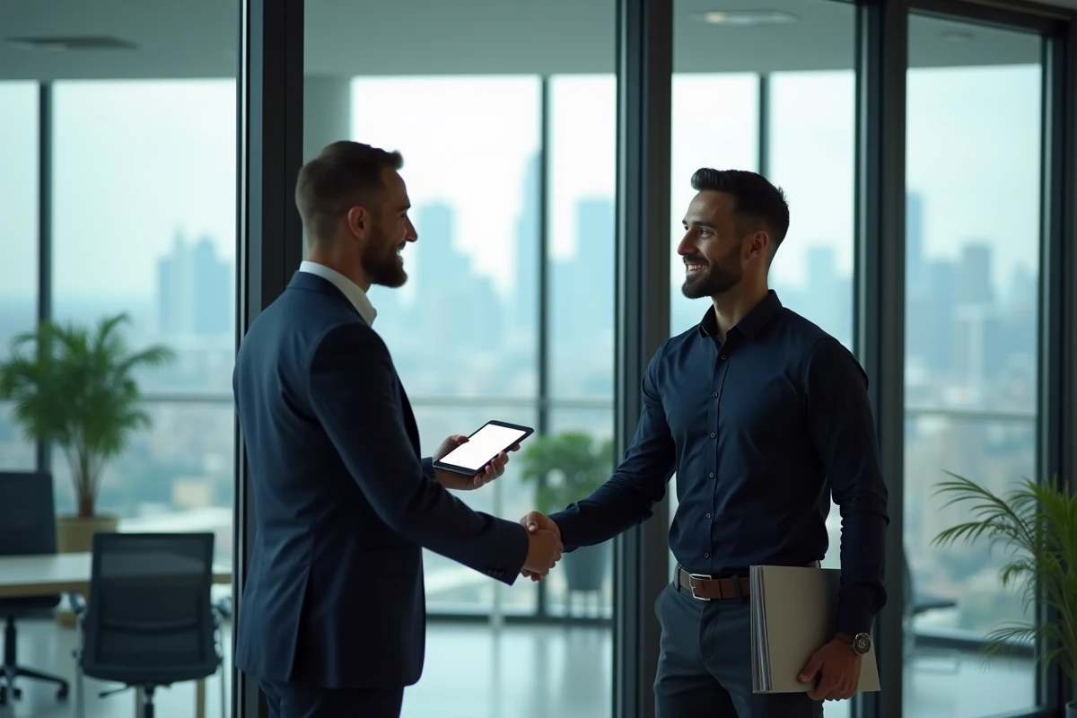 Deux entrepreneurs scellant un partenariat professionnel dans un bureau moderne avec vue sur la ville, illustrant la mise en réseau pour créateurs d'entreprise