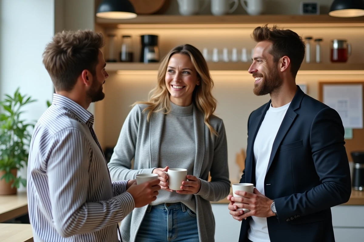 Trois collaborateurs de Wyman.fr en pause café dans l'espace commun du bureau, évoquant la culture d'entreprise et le rythme de travail