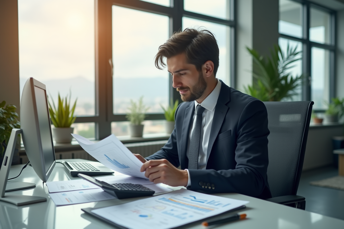Professionnel en affaires examinant des documents financiers