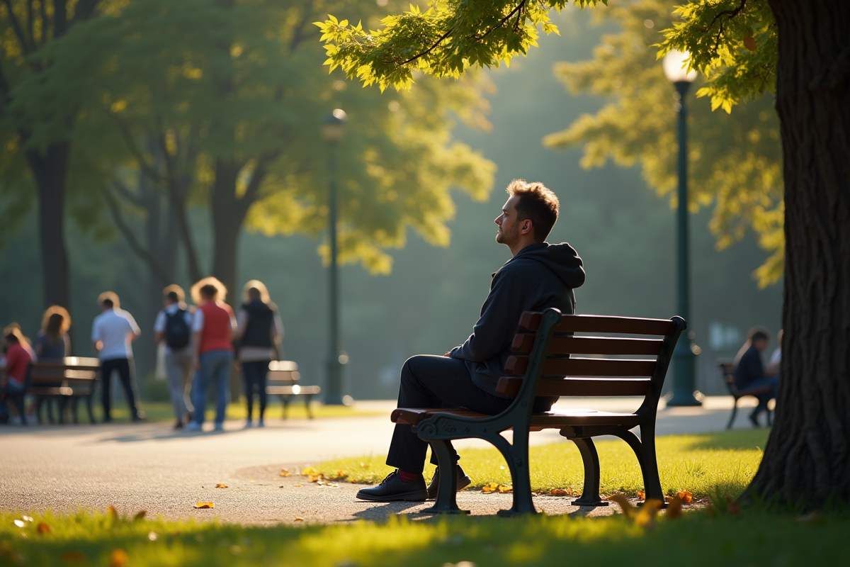 Personne seule assise sur un banc dans un parc ensoleille