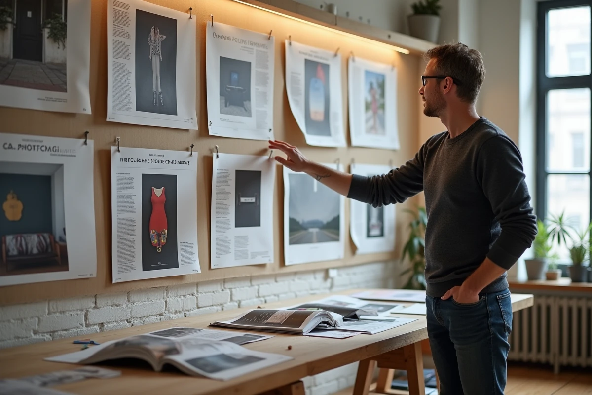 Photographe professionnel présentant des maquettes du magazine SLR dans un studio créatif, représentant l'univers éditorial du groupe SLR Editions
