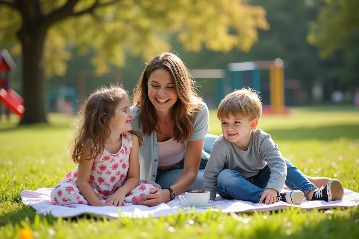 Mère et enfants profitant d un pique-nique en plein air
