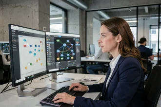 Femme ingénieure analysant un plan de connexion cloud bi-redondant sur deux écrans dans un open space professionnel moderne