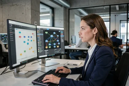 Femme ingénieure analysant un plan de connexion cloud bi-redondant sur deux écrans dans un open space professionnel moderne