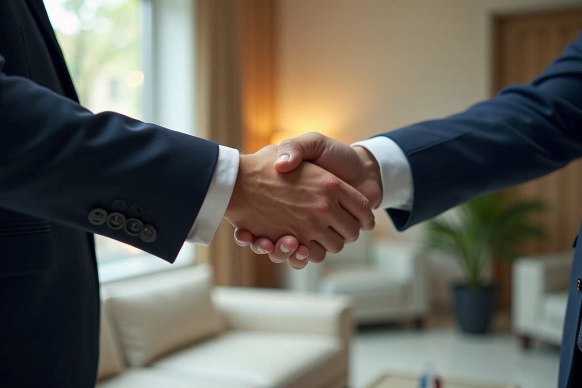Poignée de main entre deux professionnels en entreprise
