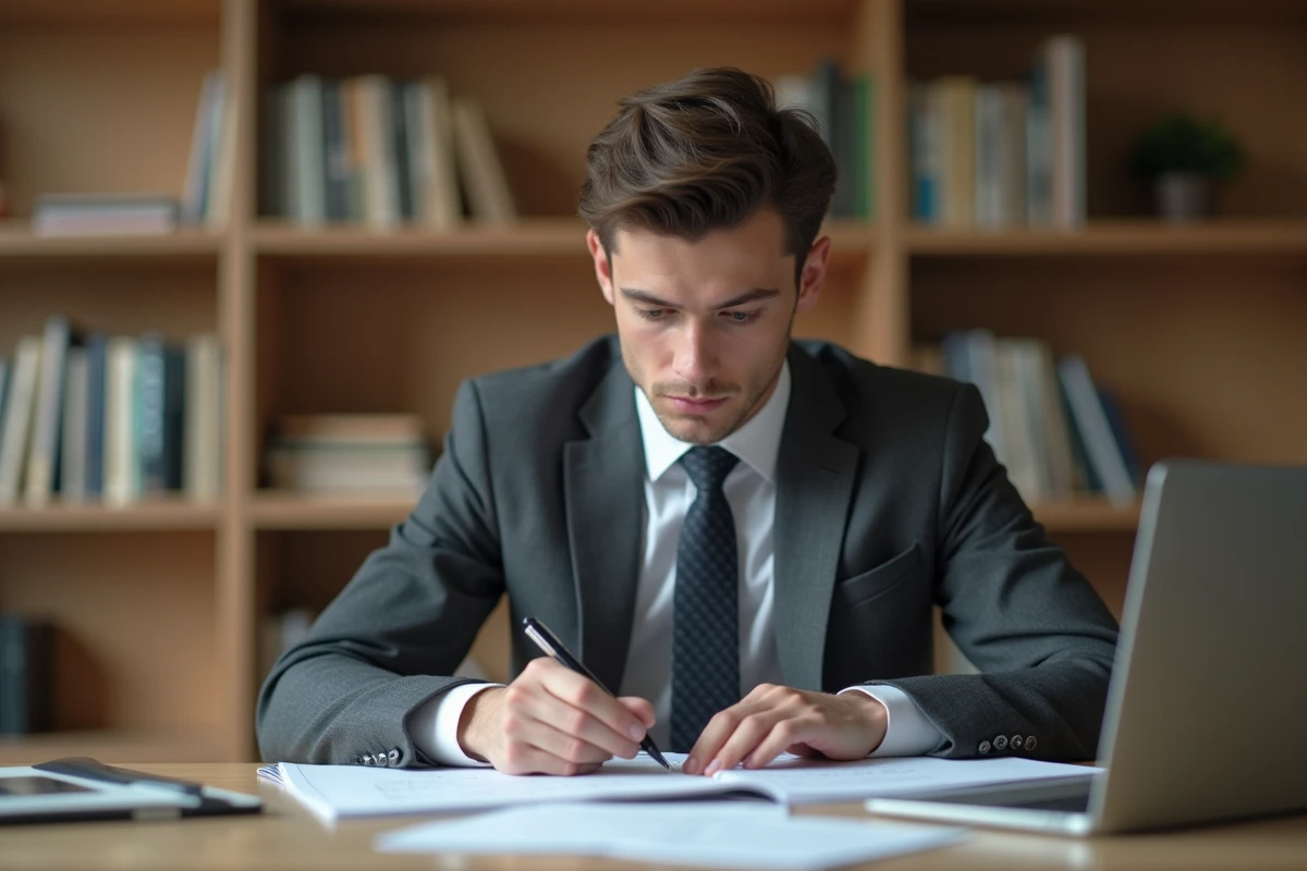 Jeune homme se préparant pour un entretien Big 4 en révisant des documents financiers dans une bibliothèque universitaire